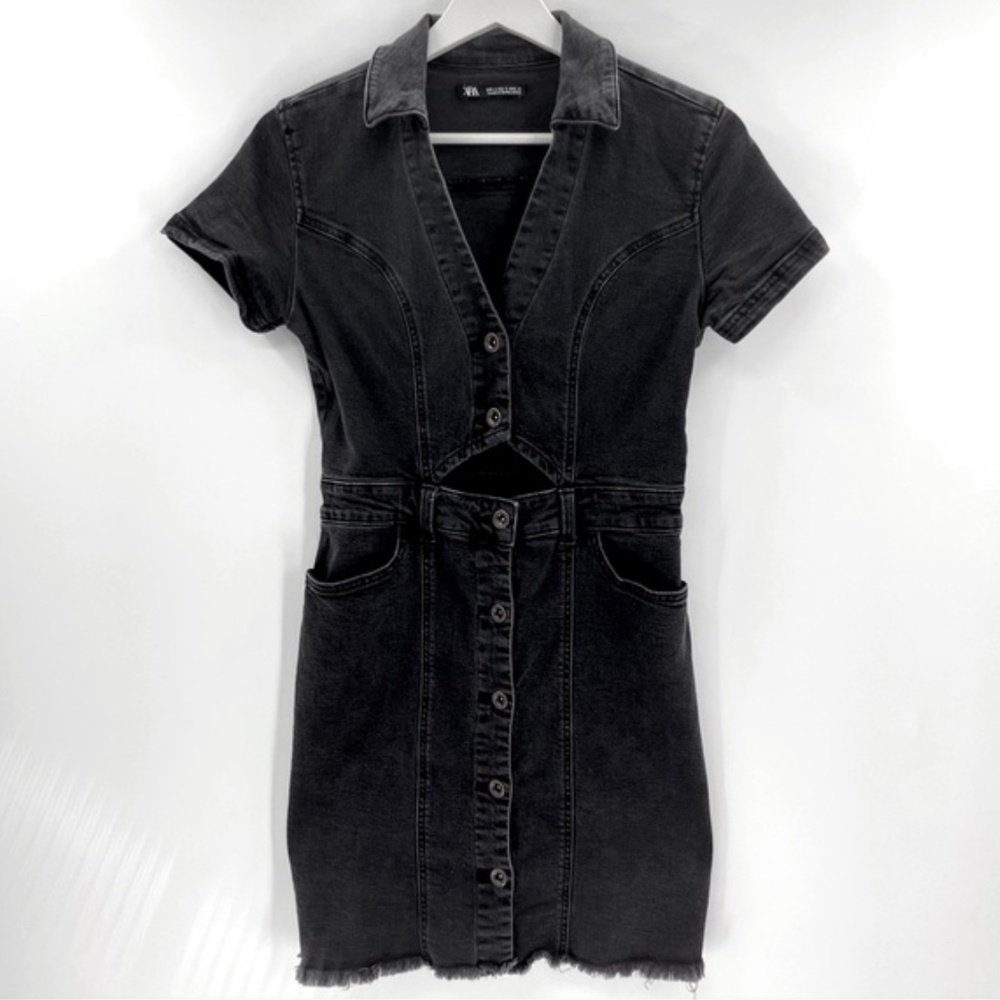 ZARA Black Denim Dress Button Front Cut Out Frayed Hem Size Small